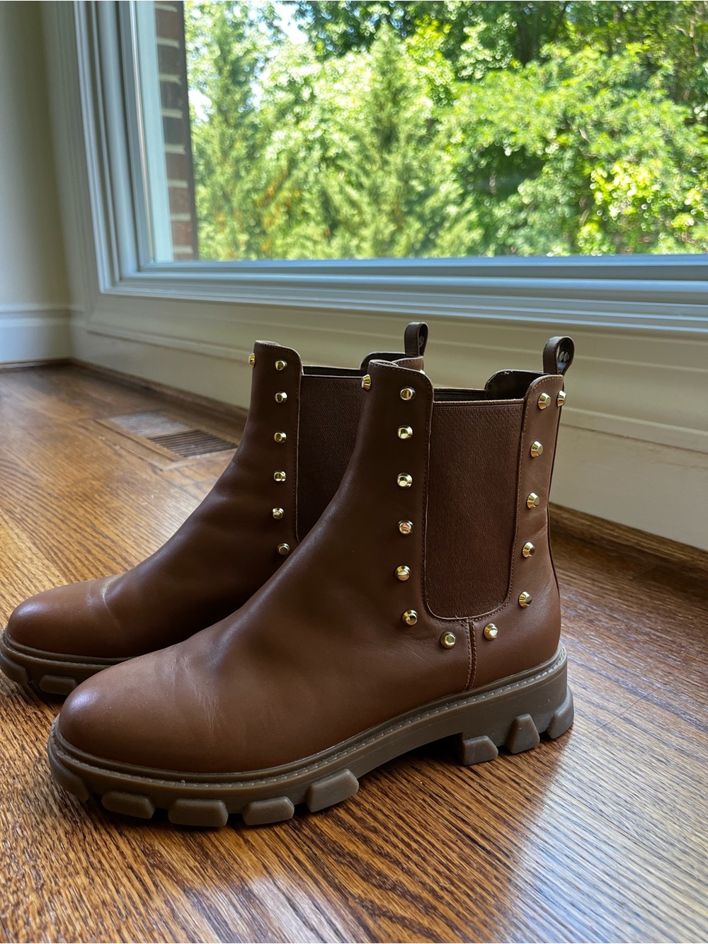 MICHAEL Michael Kors Brown Leather Chelsea Boots with Gold Studs